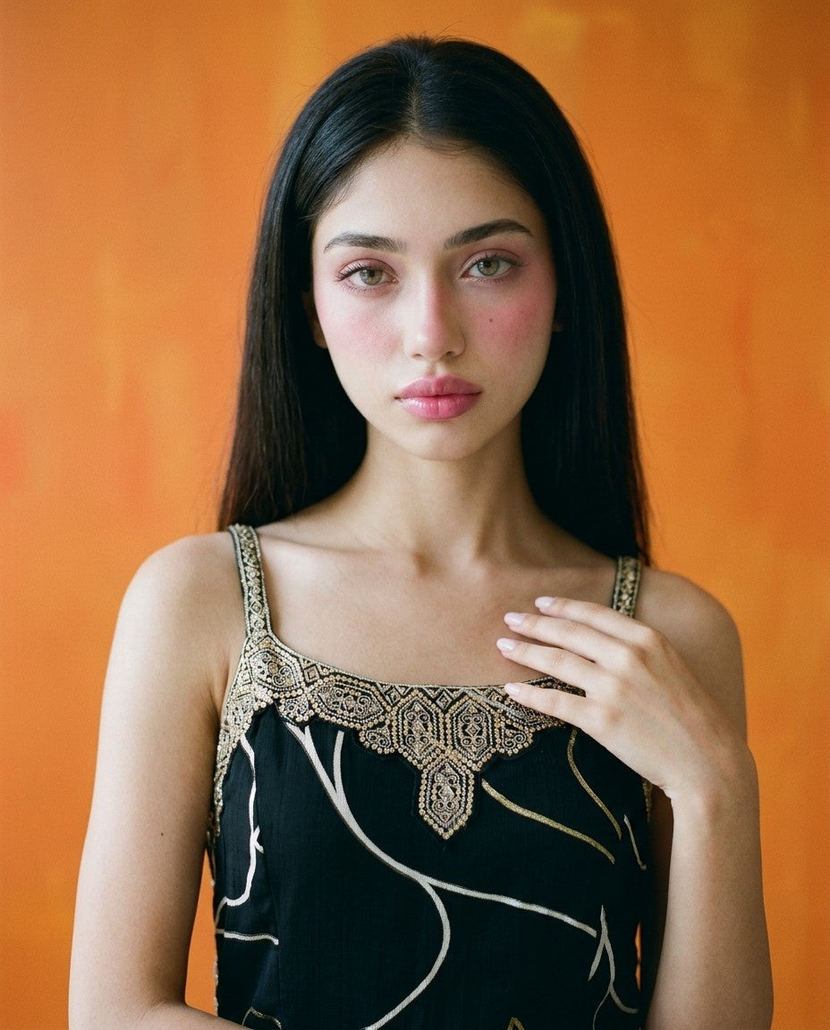 Black Embroidered Viscose Blended Spaghetti Strap Straight Cut Long Kurta