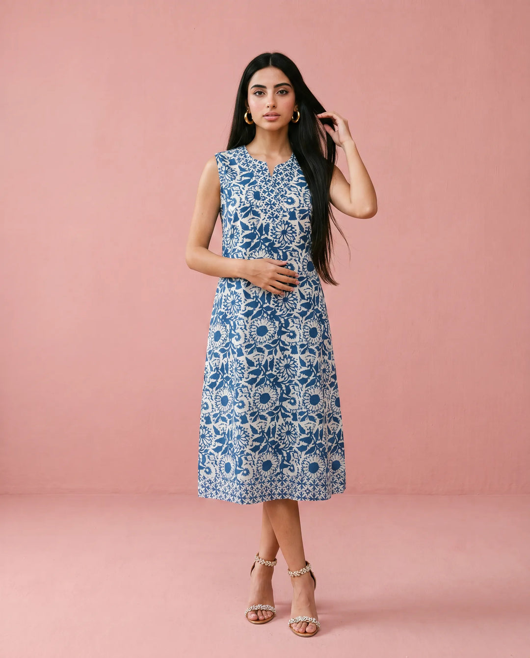 Blue Printed Pure Cotton Hand-Block Printed Midi Dress