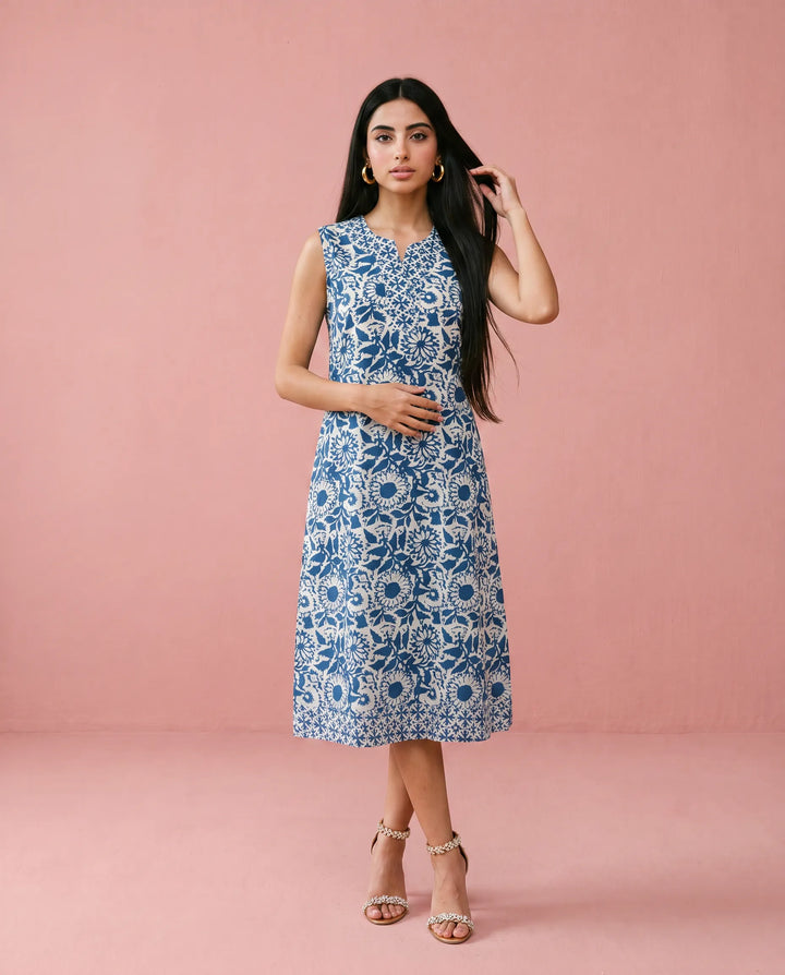 Blue Printed Pure Cotton Hand-Block Printed Midi Dress
