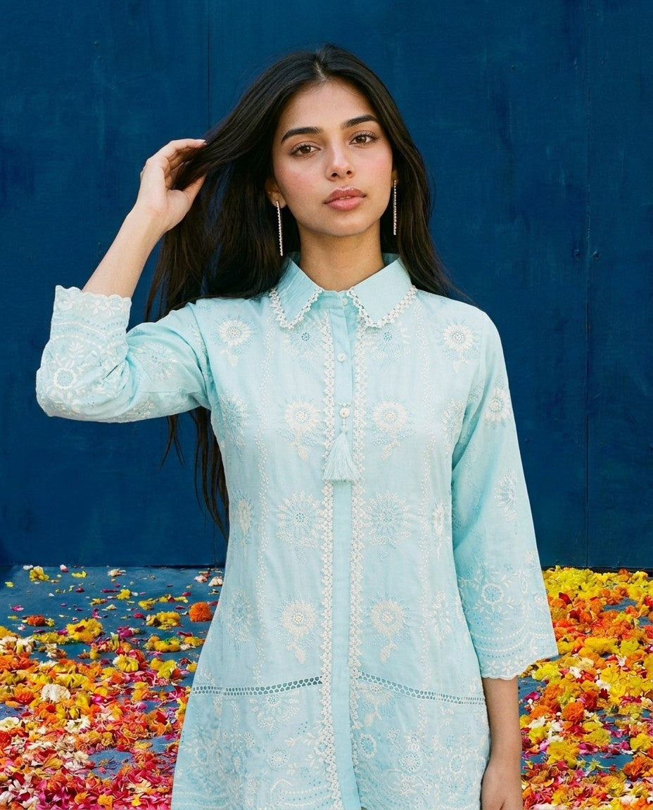 Sky Blue Embroidered Cotton Satin Co-Ord Set
