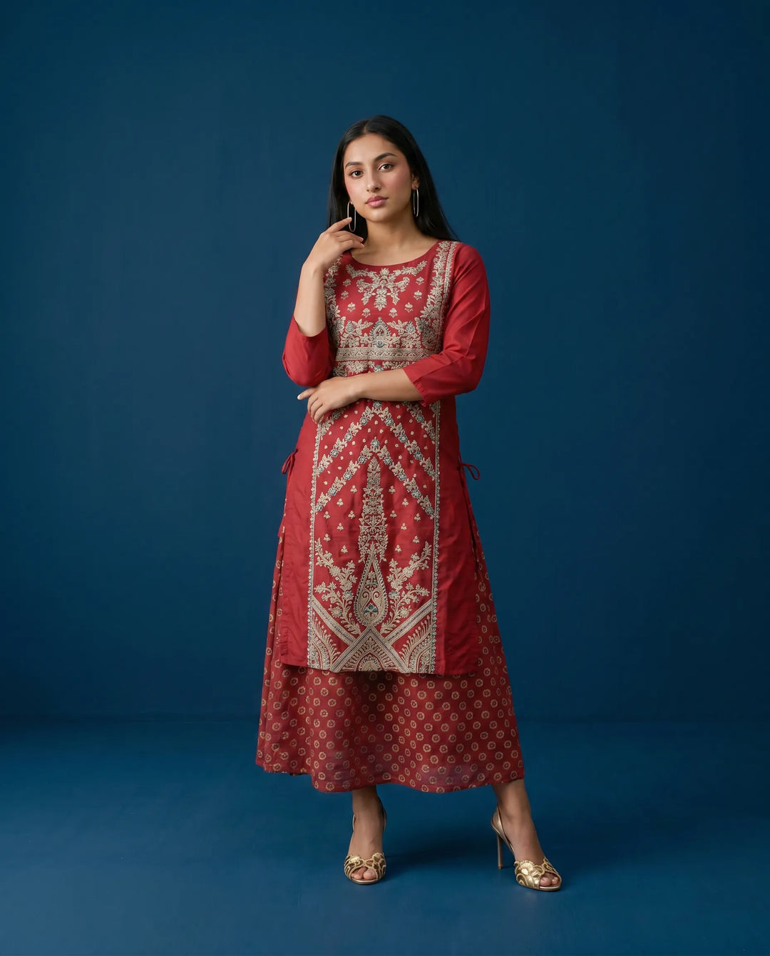 Red Embriodered Silk Blended Maxi Dress