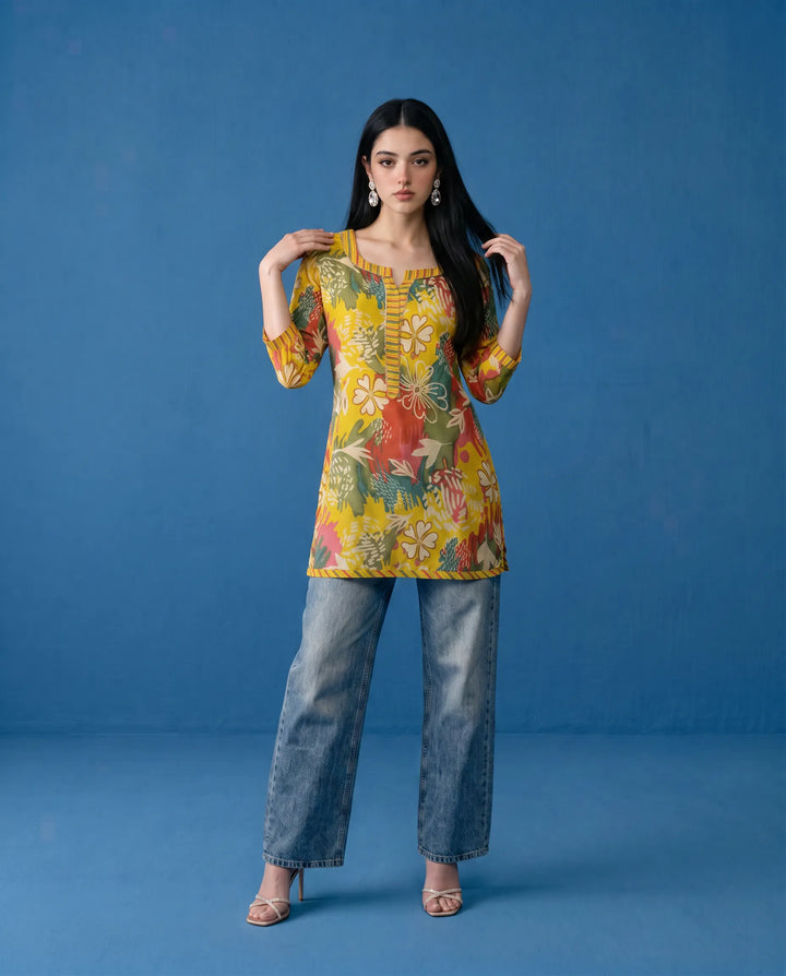 Yellow Printed Viscose Blended Short Kurti