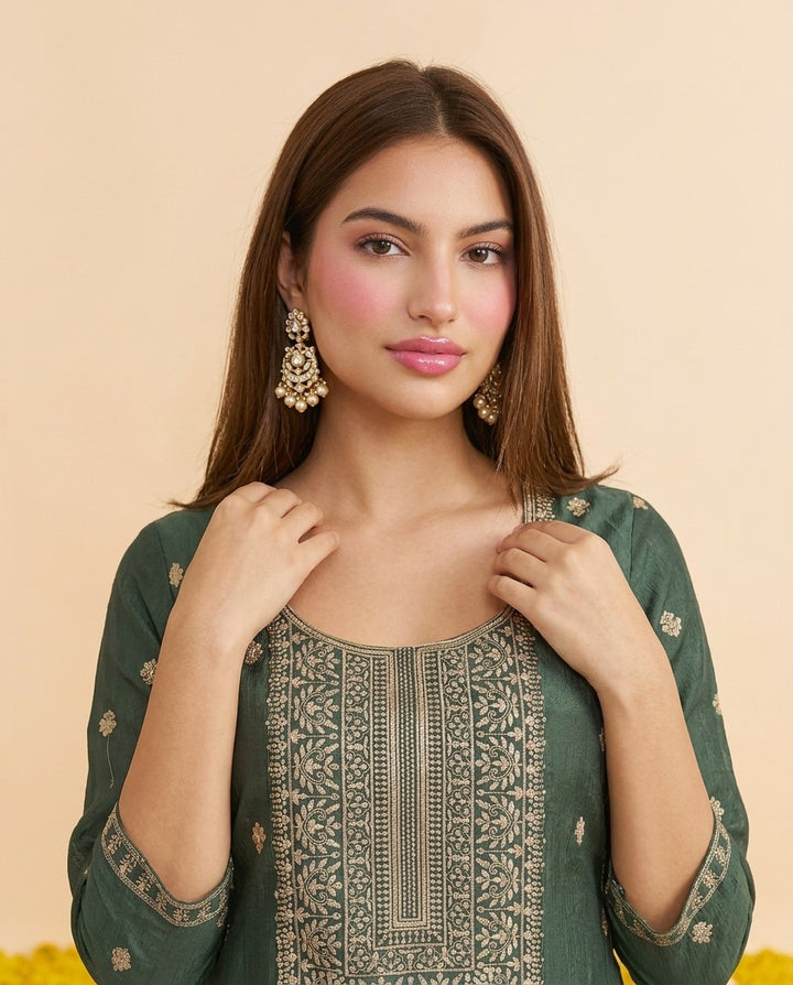 Pista Embriodered Silk Blended Kurta Bottom Dupatta Set