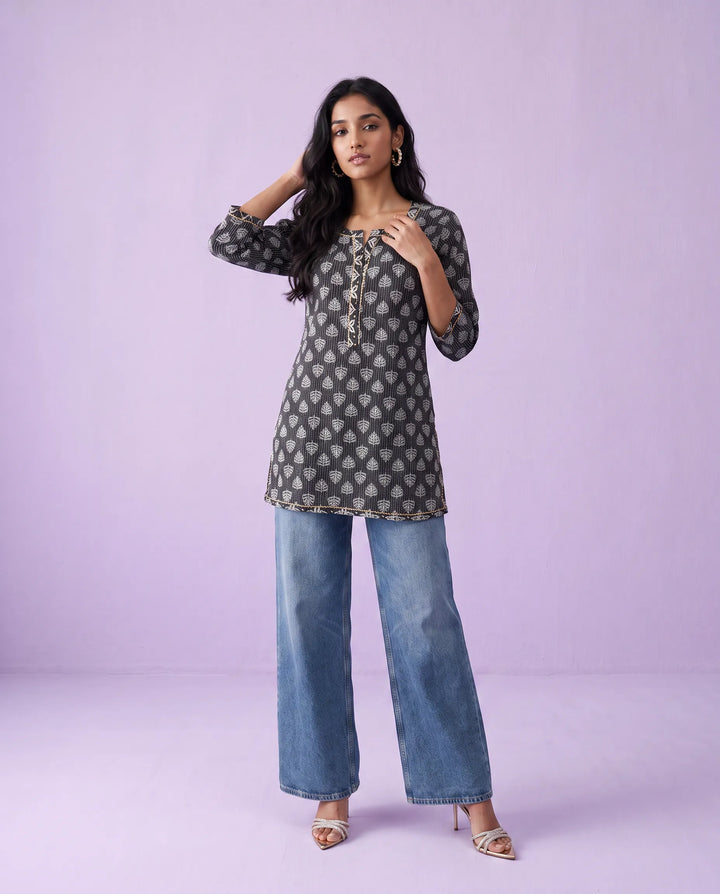 Black Printed Cotton Short Kurti