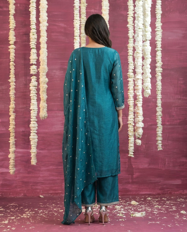 Bottle Green Embriodered Silk Blended Kurta Bottom Dupatta Set