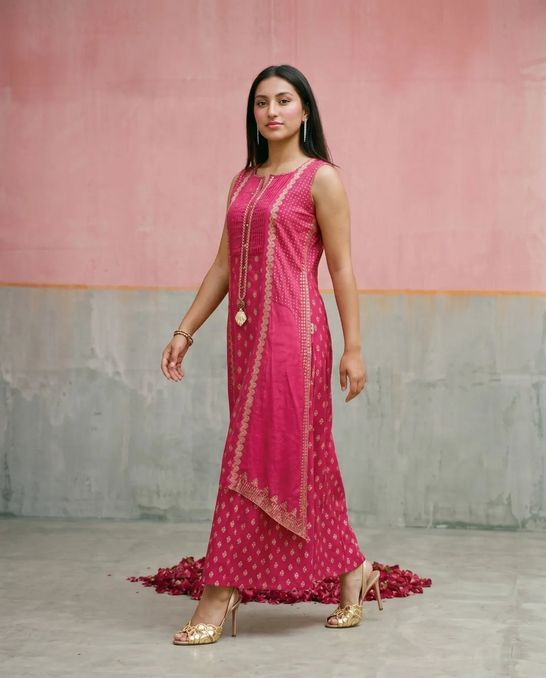 Pink Printed Rayon Sleeveless Maxi Dress