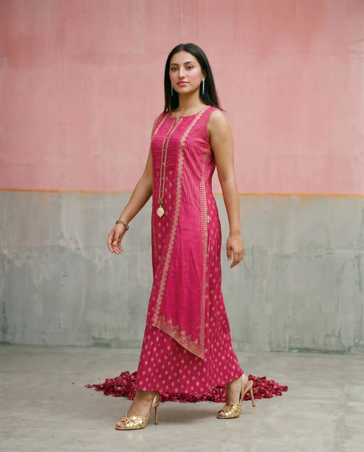 Pink Printed Rayon Sleeveless Maxi Dress