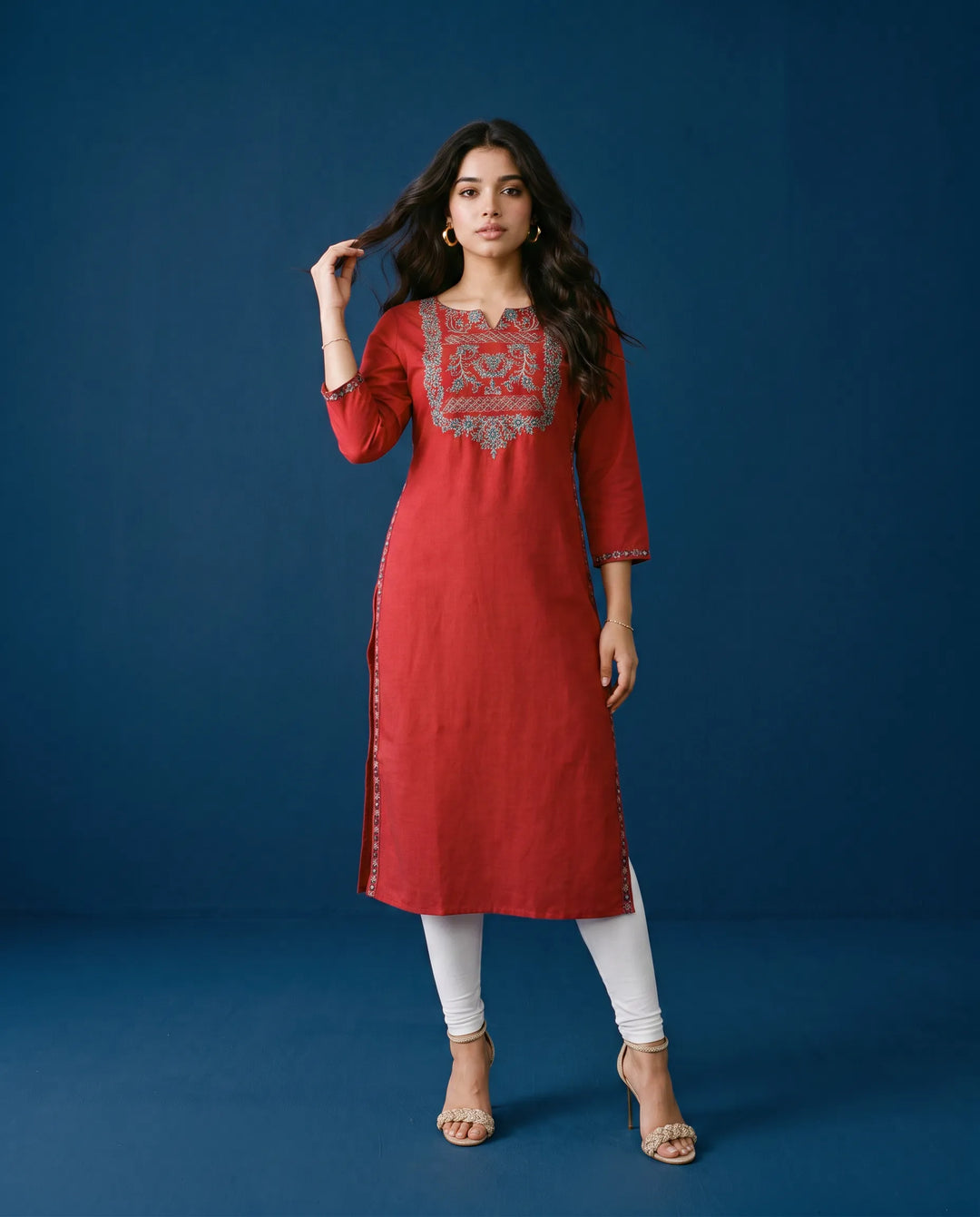 Maroon Embroidered Viscose Blended Straight cut Long Kurta