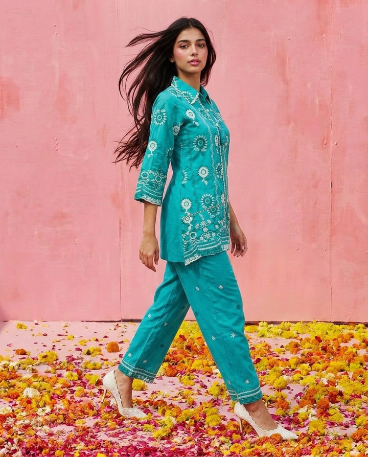 Turquoise Embroidered Cotton Satin Co-Ord Set