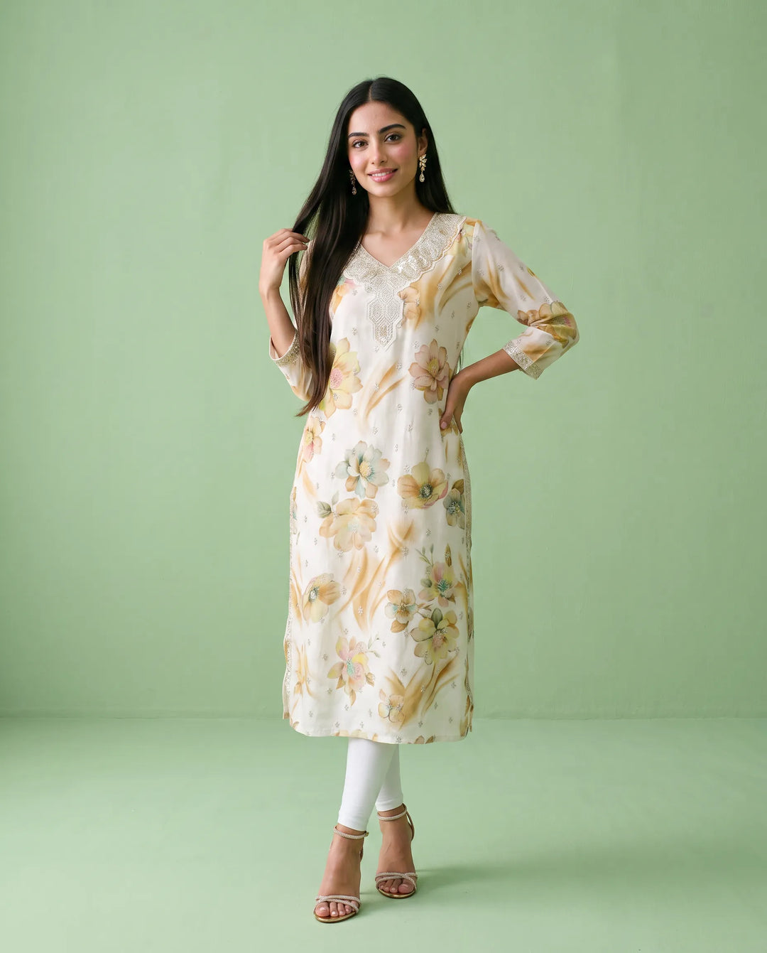 White Embroidered Viscose Blended 3/4 Sleeves Straight Cut Long Kurta