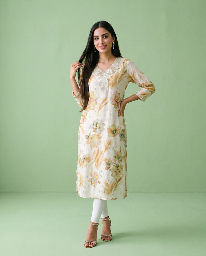 White Embroidered Viscose Blended 3/4 Sleeves Straight Cut Long Kurta