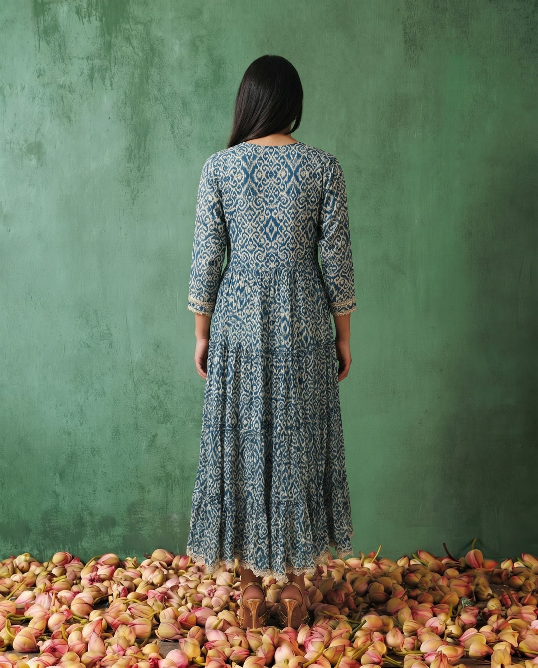 Blue Printed Silk Blended Maxi Dress