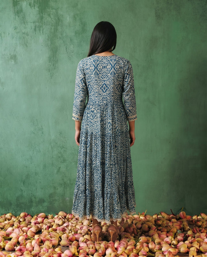 Blue Printed Silk Blended Maxi Dress