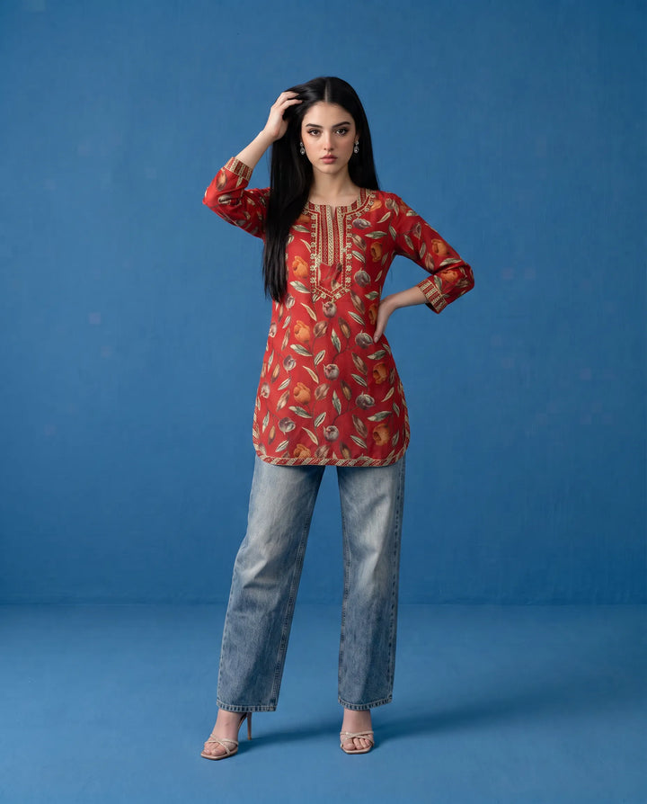 Red Printed Viscose Blended Short Kurti