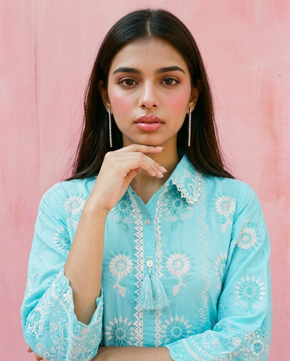 Blue Embroidered Cotton Satin Co-Ord Set