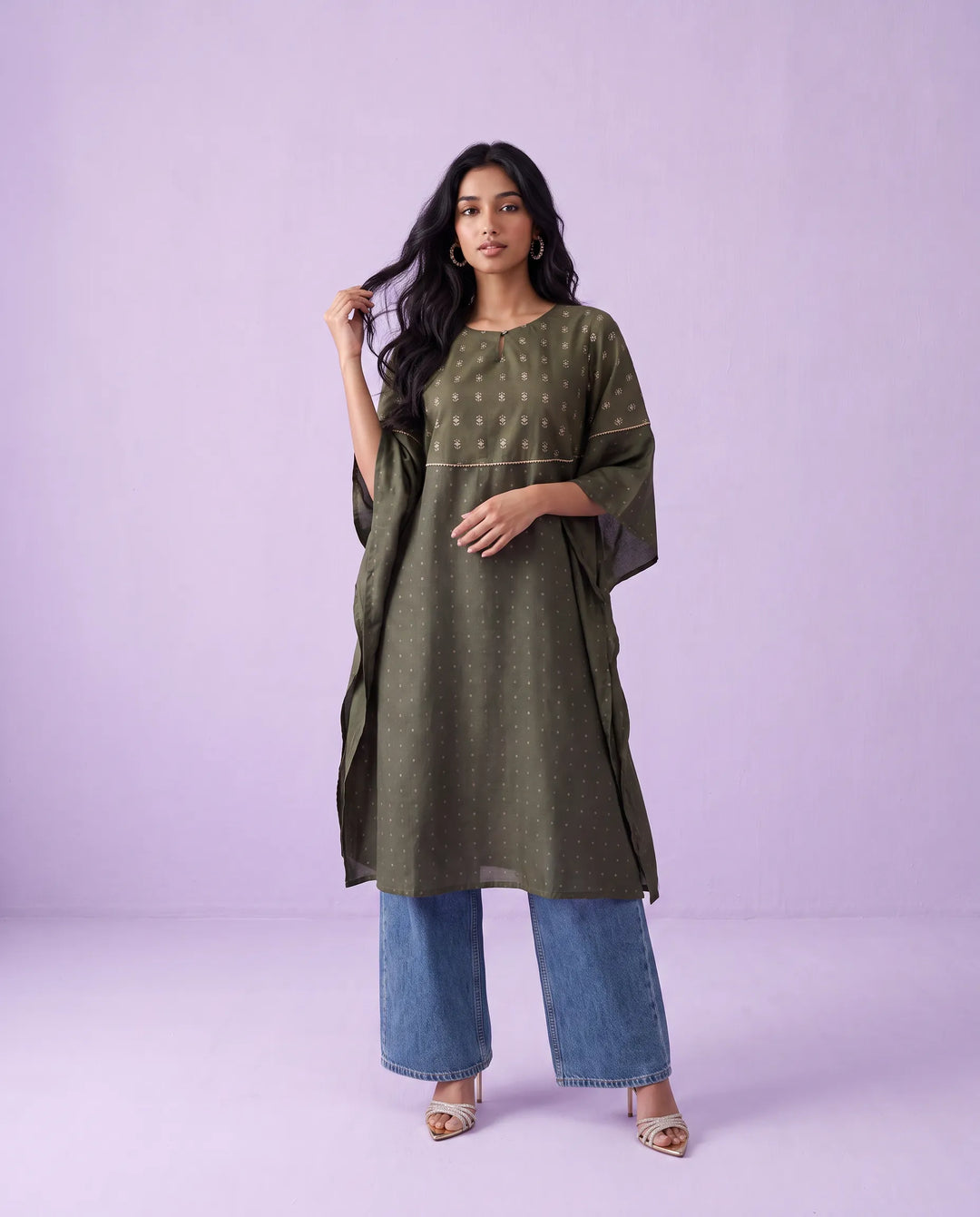Olive Printed Viscose Blended Kaftan