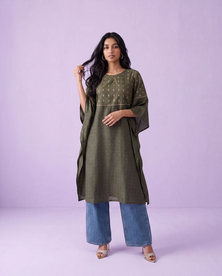 Olive Printed Viscose Blended Kaftan
