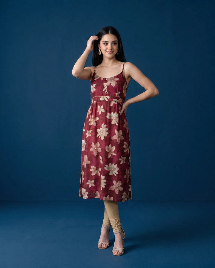Maroon Printed Viscose Blended Spaghetti Strap Straight Cut Long Kurta