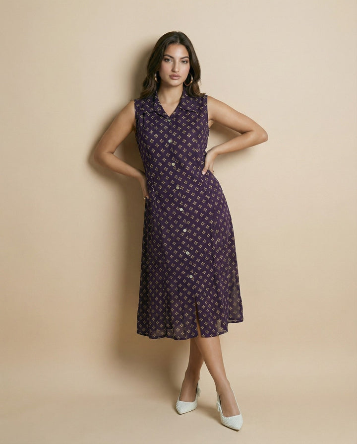 Purple Printed Viscose Blended Midi Dress