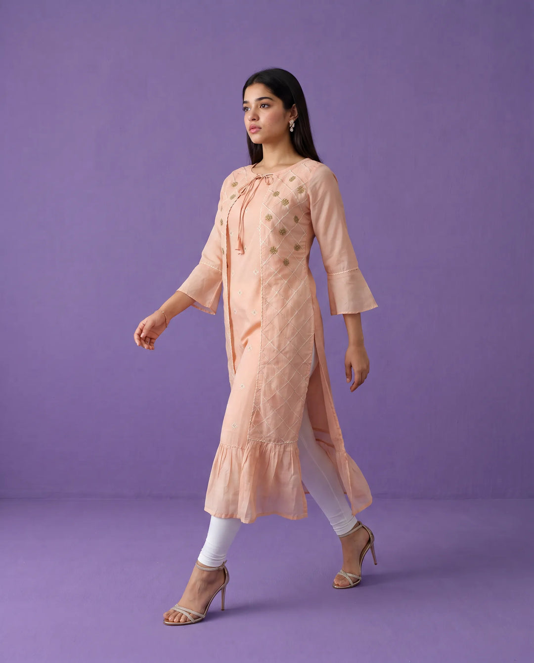 Peach Embroidered Chanderi Long Kurta