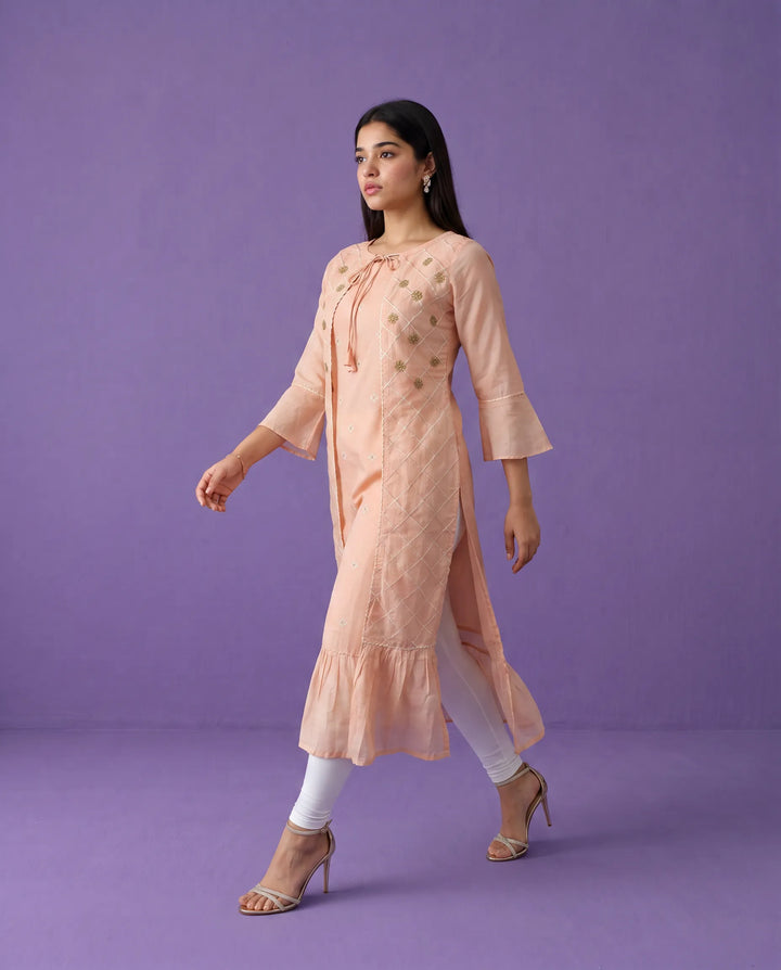 Peach Embroidered Chanderi Long Kurta