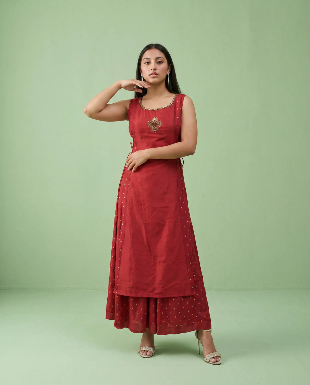 Maroon Printed Viscose Blended Sleeveless Maxi Dress