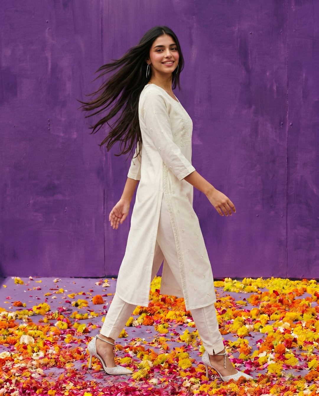 White Embroidered Viscose Blended Straight cut Long Kurta