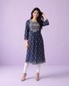 Navy Embroidered Cotton A- Line Long Kurta
