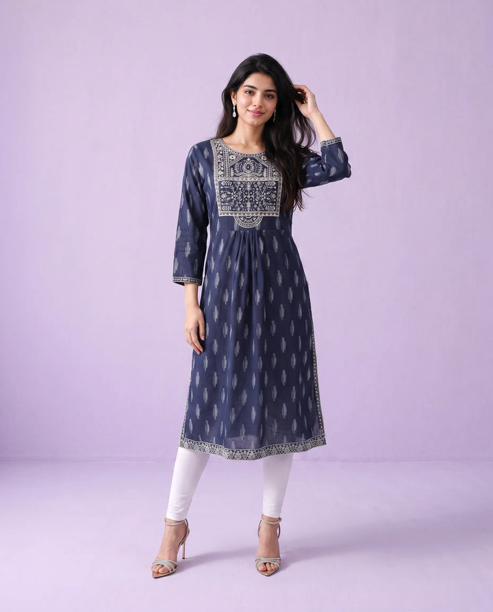 Navy Embroidered Cotton A- Line Long Kurta