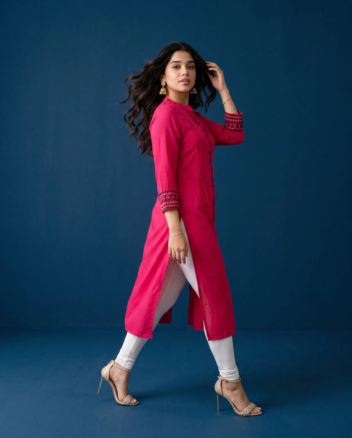 Pink Embroidered Rayon Straight cut Long Kurta