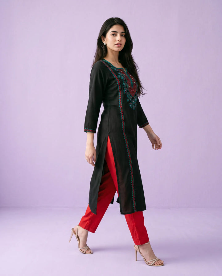 Black Embroidered Cotton Straight cut Long Kurta