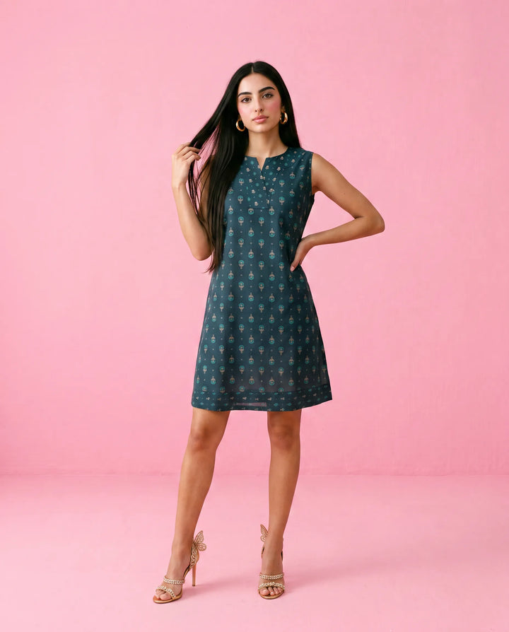 Blue Printed Cotton Midi Dress