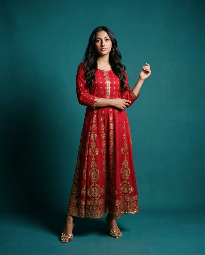 Maroon Printed Rayon Maxi Dress