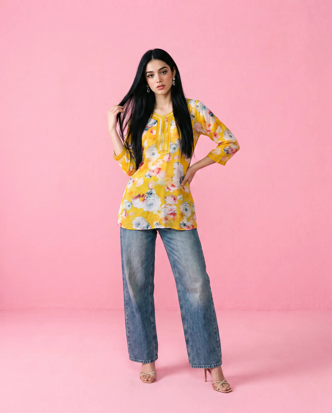 Yellow Printed Crepe Silk Short Kurti