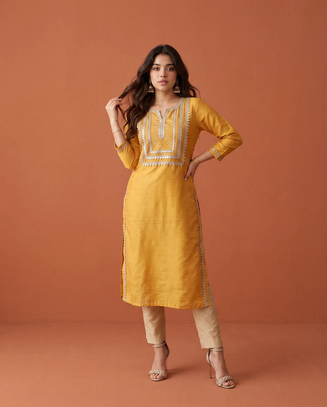 Yellow Printed Silk Blended Straight cut Long Kurta