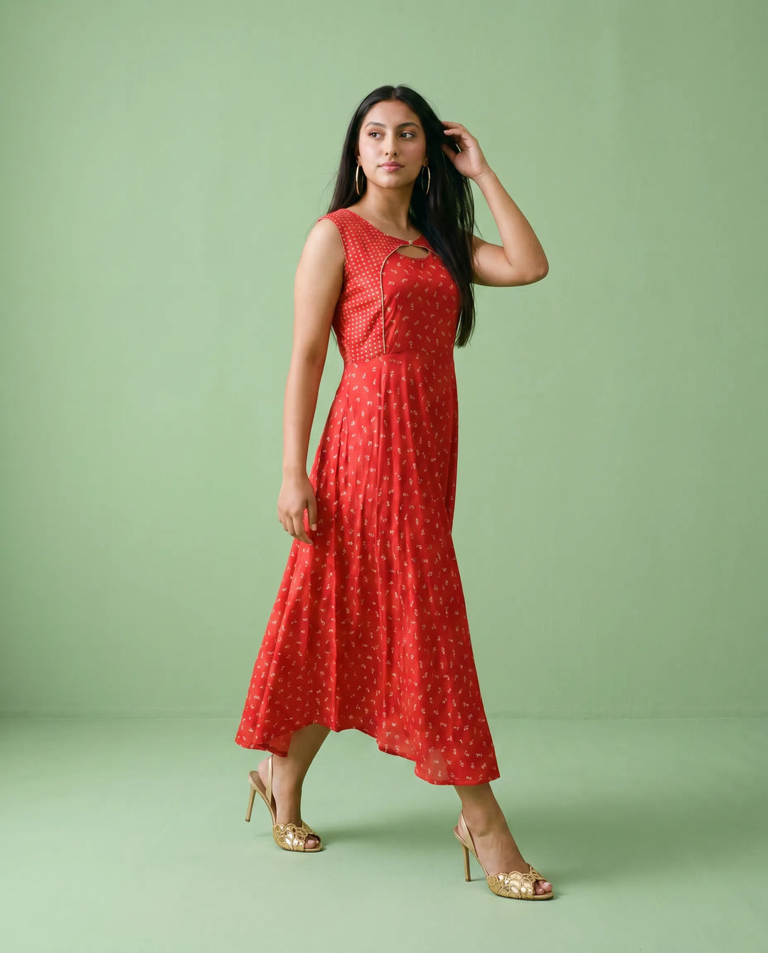 Red Printed Rayon Sleeveless Maxi Dress