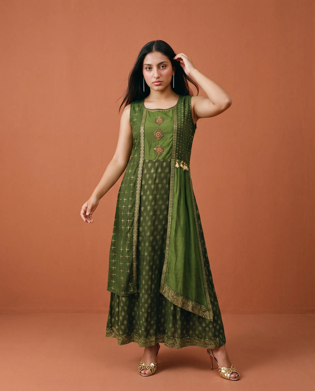 Green Printed Rayon Sleeveless Maxi Dress