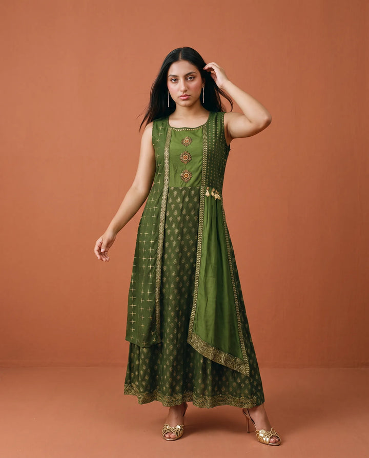 Green Printed Rayon Sleeveless Maxi Dress