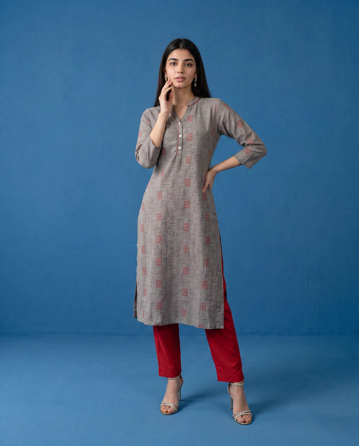 Grey Printed Cotton Straight cut Long Kurta