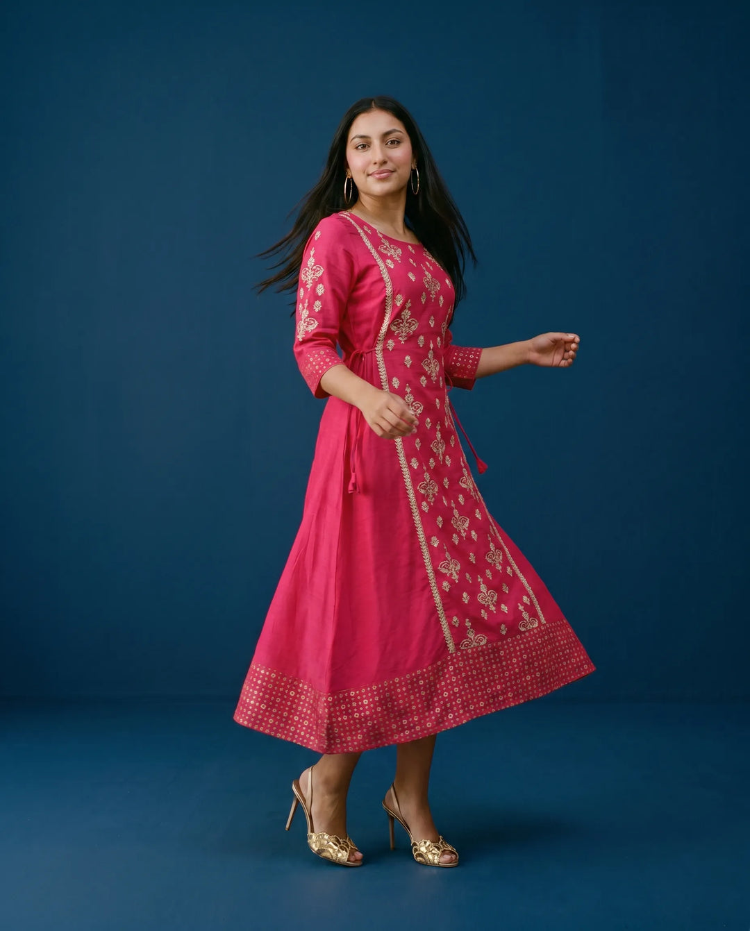 Magenta Embriodered Silk Blended Maxi Dress
