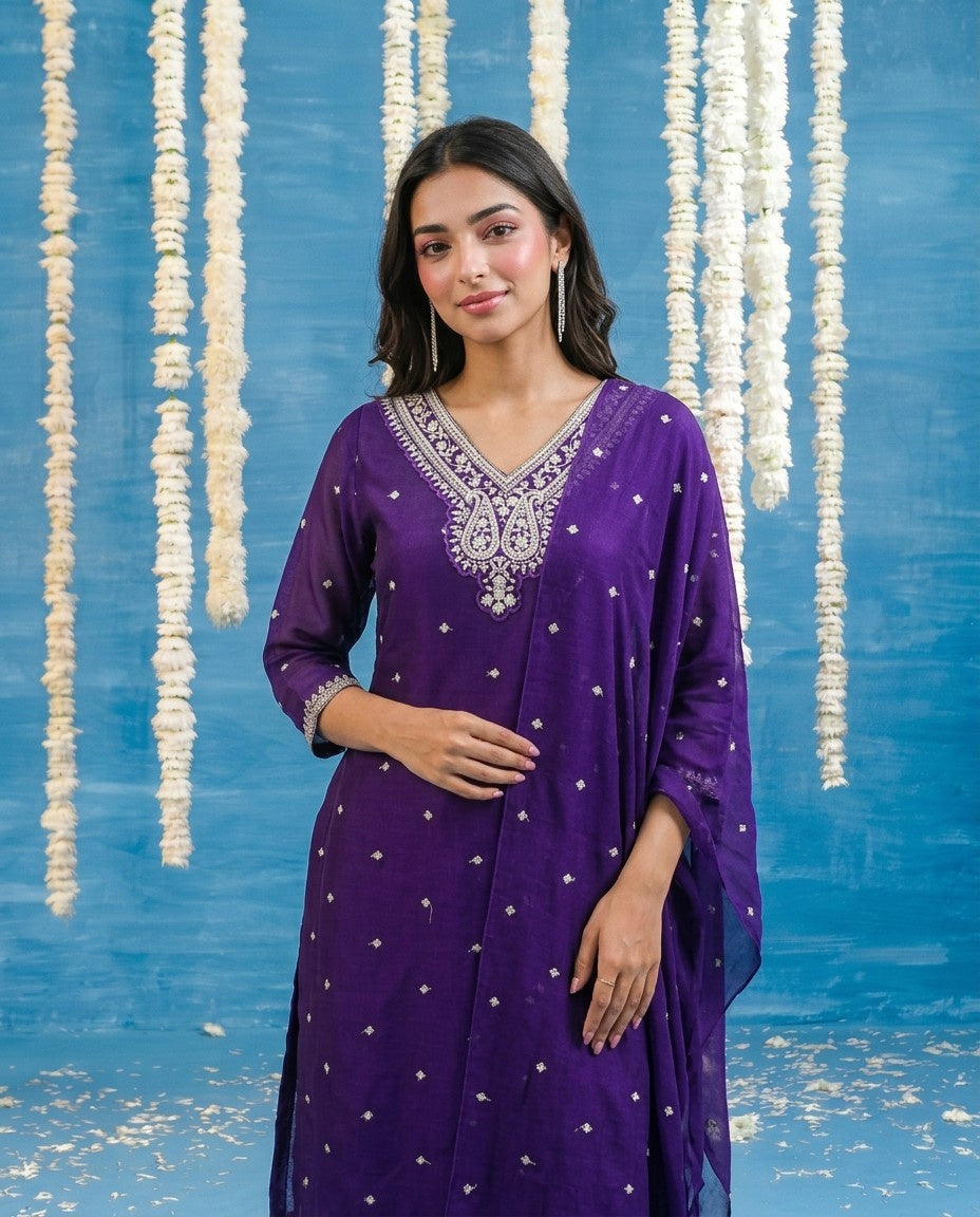 Purple Embriodered Silk Blended Kurta Bottom Dupatta Set