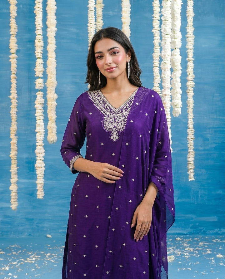 Purple Embriodered Silk Blended Kurta Bottom Dupatta Set
