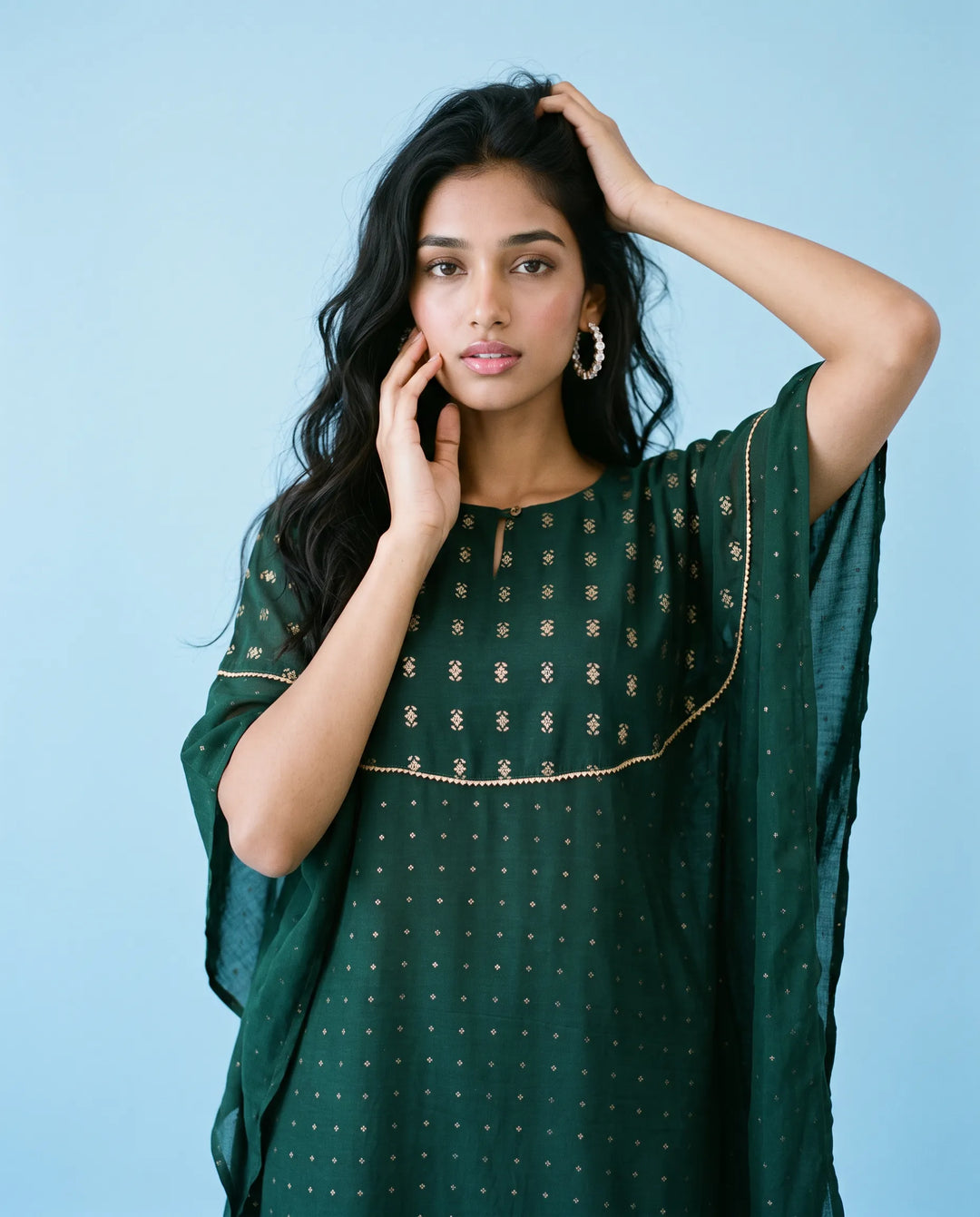 Green Printed Viscose Blended Kaftan