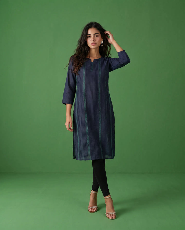 Navy Embroidered Cotton Straight cut Long Kurta
