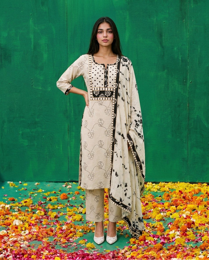 White Printed Cotton Kurta Bottom Dupatta Set