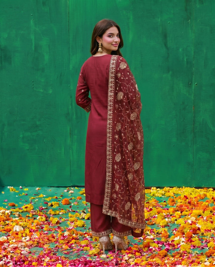Maroon Embriodered Silk Blended Kurta Bottom Dupatta Set