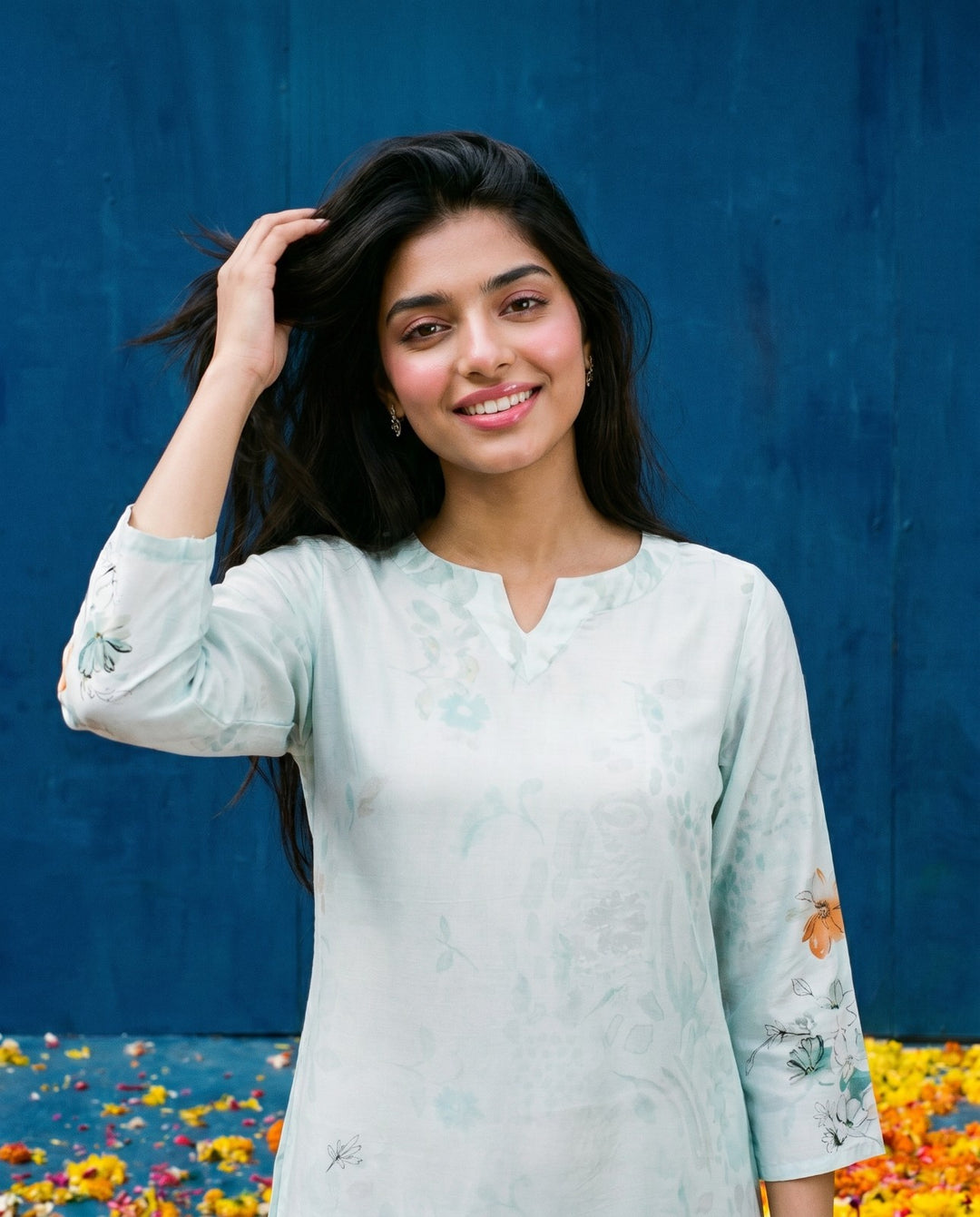 Blue Printed Crepe Silk Straight cut Long Kurta