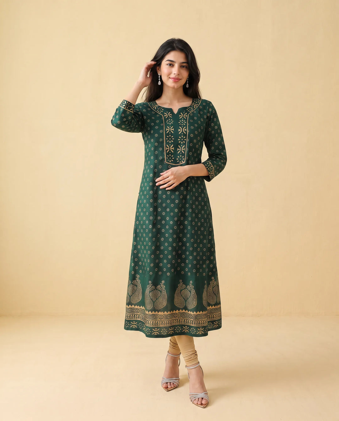 Green Printed Cotton Long Kurta