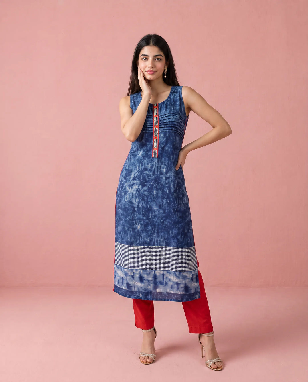 Navy Printed Viscose Blended Straight cut Long Kurta