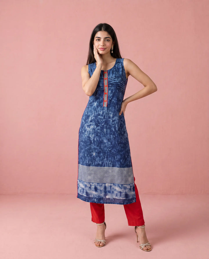 Navy Printed Viscose Blended Straight cut Long Kurta